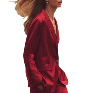 NEW! ANN TAYLOR Gingham Red Long Longline Satin Single Button Blazer Jacket 14.